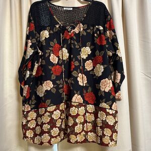 Mileage Women Plus Size 3x Black Red Rose Floral Tunic Top Blouse Shirt  Lace